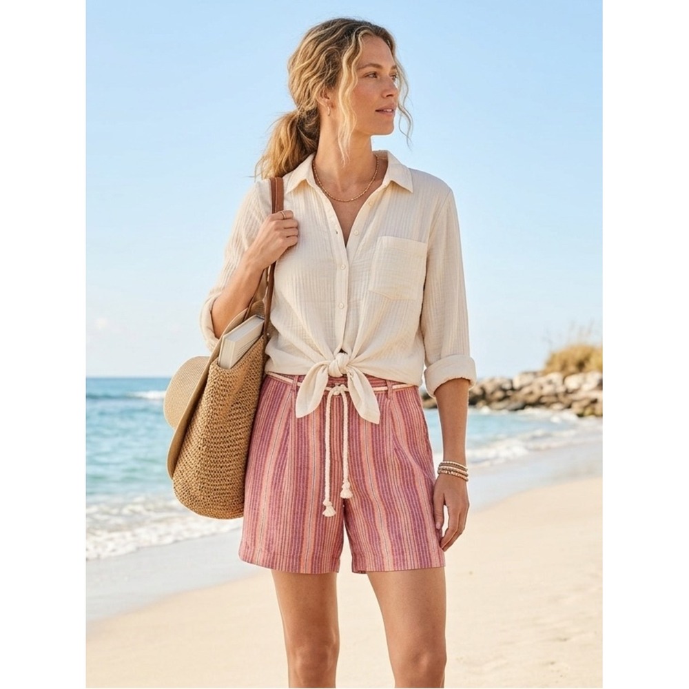 J. Jill Love Linen Pink Orange Striped Rope Belt Shorts 8 Coastal Euro Summer